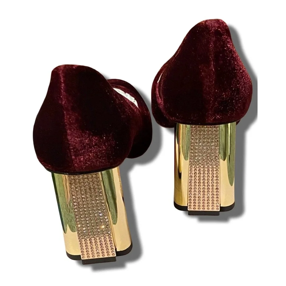 Kate Spade Sybil Pump Cherrywood Burgundy Velvet Gold Rhinestone Block Heel 8.5M